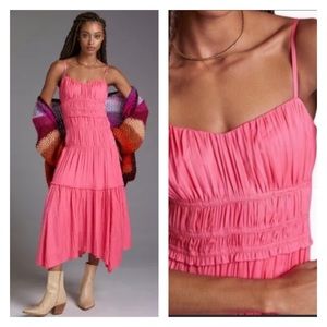ANTHROPOLOGIE Ruched Tiered Midi Slip Dress Hot Pink Size 4 Barbie